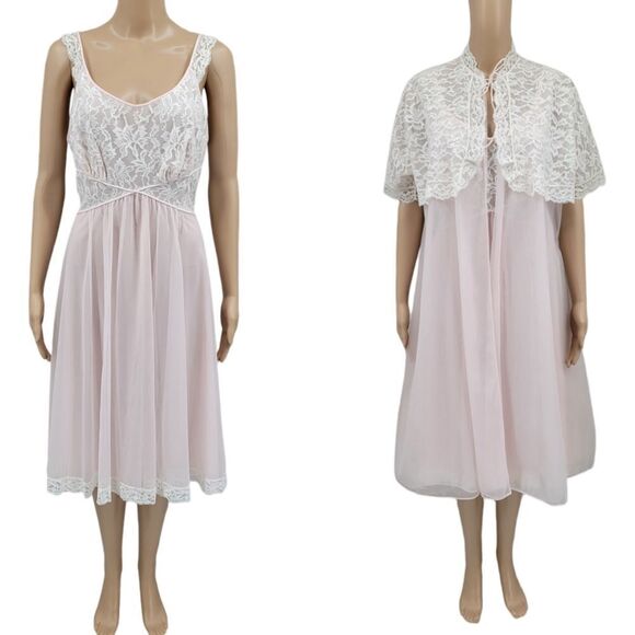 Vanity Fair Vintage Peignoir Nightgown Set Light Pink with White Lace 50s Demure